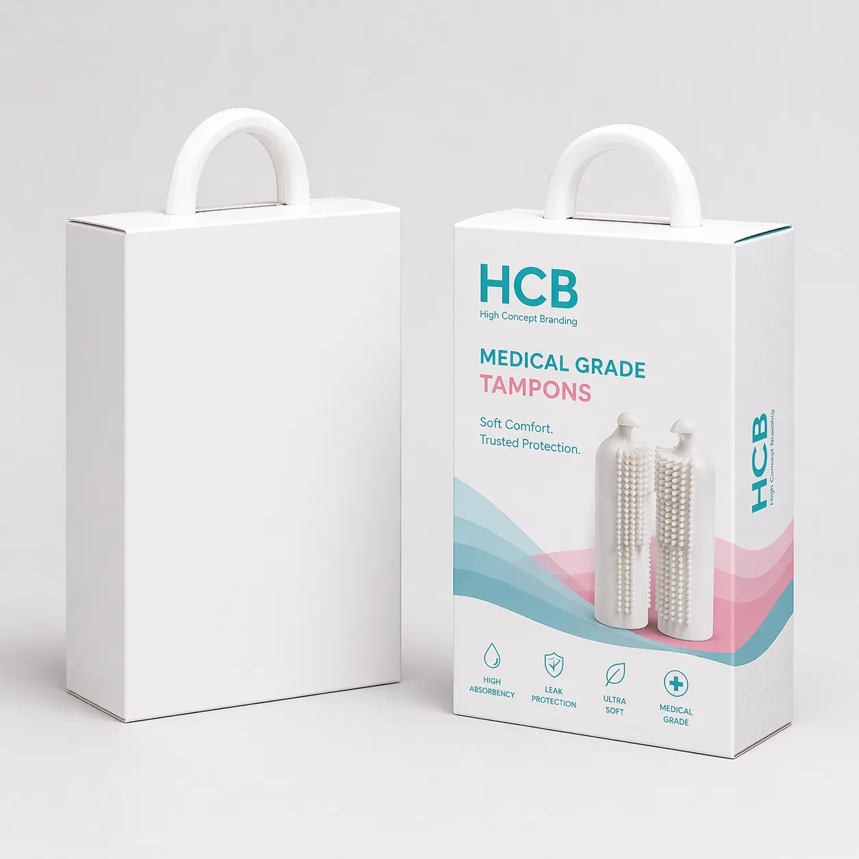 An open and closed teal floral branded box designed for medical grade tampon product packaging. class=